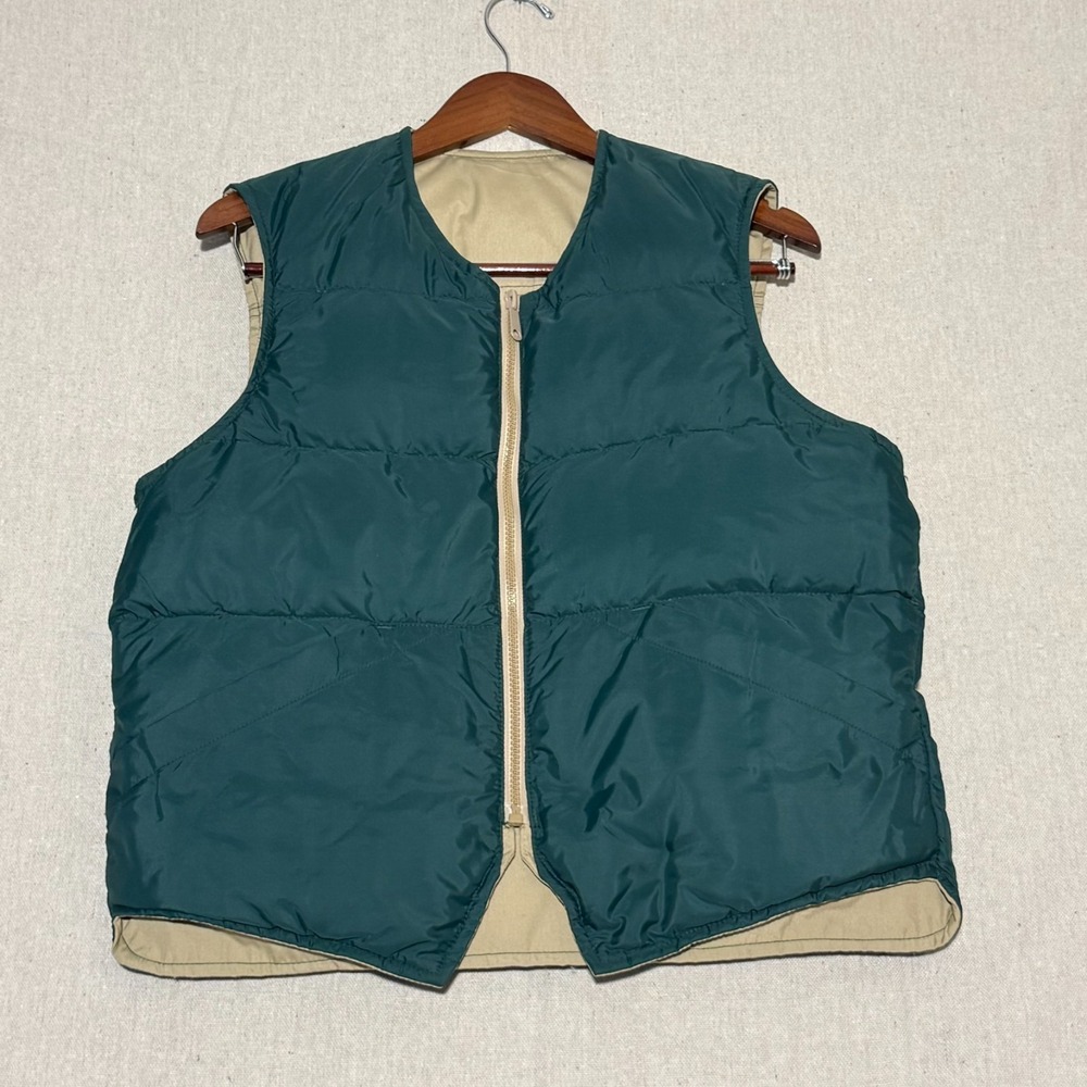 Vintage 80s Eddie Bauer Black Tag Goose Down Puffer Vest Medium Green Tan Revers